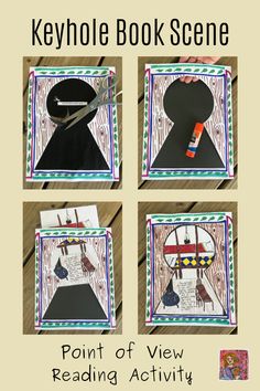 four pictures showing how to make a keyhole book scene with the text point of view reading activity