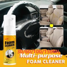 the interior of a car with foam on it and an advert for foam cleaner