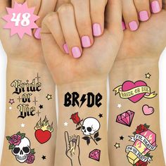 PRICES MAY VARY. A Bridal Favorite: Our tattoos are proven to be the hit of any bachelorette party, bridal shower, or engagement party and makes for the cutest decorations or activity. Includes: not just one, but two sheets of gold foil tattoos - because we like to keep it extra. Speaking of extra, we created exclusive designs you can't find anywhere else and sure to be a guaranteed hit! Tat up with 48 foil designs of vividly colored bride or die, flaming hearts, diamonds, skulls and roses + mor Bachelorette Temporary Tattoos, Bachelorette Party Items, Bachelorette Tattoos, Bride Or Die, Brides With Tattoos, Best Bride, Bridesmaid Favors