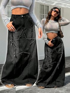 Denim Skirt Star Floor Length Skirt Y2K Outfit Black Casual   Denim Plain Straight Non-Stretch All Women Clothing, size features are:Bust: ,Length: ,Sleeve Length: Y2k Outfit Black, Up Hairdos, Fleece Tights, Rock Outfit, Skirt Y2k, Rock Outfits, Denim Skirt Women, Floor Length Skirt, Womens Tights