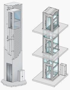 an architectural drawing of a tall building with glass windows and balconies on the second floor