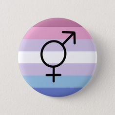 a pink, blue and purple striped button with the male symbol in black on it