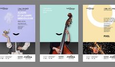 four posters with different types of musical instruments and music staffs in various colors, shapes and sizes