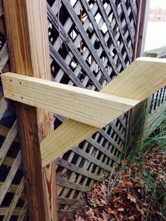 a wooden bench sitting on top of a pile of leaves next to a trellis