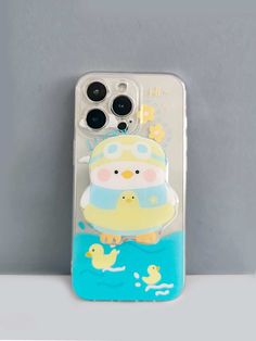 a phone case with an image of a duck floating in the water and rubber ducks on it