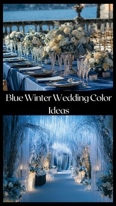 Winter wedding setup with navy blue and icy blue color palette, featuring elegant floral arrangements and décor Winter Ice Wedding, Romantic Winter Wedding Colors, Color Schemes With Blue, Blue Winter Wedding Ideas, Blue Green Wedding Theme, Navy Blue Winter Wedding, Winter Wedding Themes, Event Dresses Classy, Wedding Color Schemes Winter