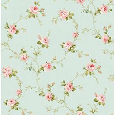 a blue wallpaper with pink flowers and green leaves on the bottom half of it