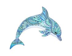 a drawing of a dolphin in blue and white