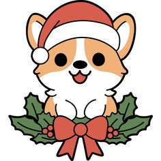 a corgi wearing a santa hat with holly