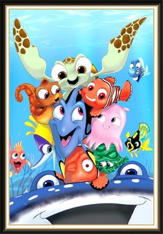 the poster for finding nemo is shown in front of an ocean scene with fish and turtle