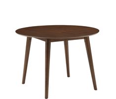 a round wooden table with two legs and a brown finish on the top, against a white background