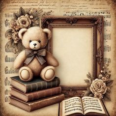 a teddy bear sitting on top of books next to an open book with music notes