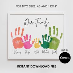 handprints for two sizes as and 11x4 inches with the text, our family