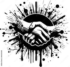 a black and white drawing of two hands shaking each other with paint splatters around them