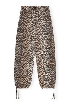 Almond Milk Leopard Washed Cotton Canvas Drawstring Trousers | GANNI US Printed Denim Skirt, Leopard Print Loungewear Pants With Elastic Waistband, Leopard Trousers, Ganni Leopard, Drawstring Trousers, Leopard Pants, Satin Trousers, Striped Pyjamas, Denim Hat