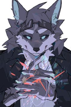 a drawing of a wolf with blue eyes and an arm around his neck, holding a cell phone