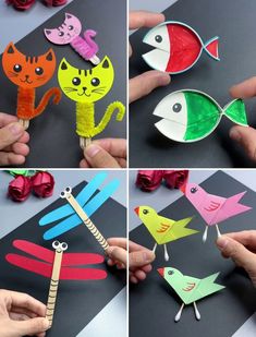 four different pictures of paper fish and cat on sticks with flowers in the background, one is