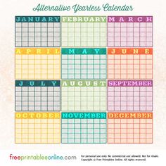 the free printable calendar for january and december is shown in this image with colorful lettering