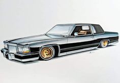 a drawing of a black car with gold rims