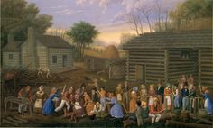 an old painting of people standing in front of a log cabin with logs on the ground