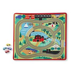 a child's play mat with cars and trucks on it