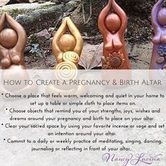 an advertisement for a yoga studio with five different colored statues in the background and text describing how to create a pregancy & birth altar