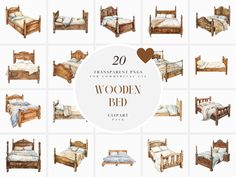 various wooden bed frames and mattresses with text overlaying that reads 20 transparent images for commercial use