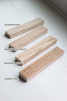 four pieces of wood are labeled in the following words, including weathered oak, weathered oak, weathered oak and weathered oak