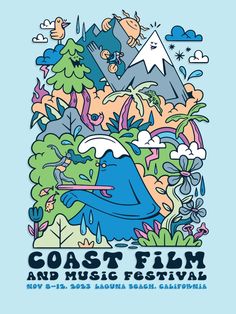 the coast film and music festival poster with an image of a blue bird in front of mountains