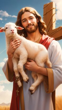 a painting of jesus holding a lamb in his arms