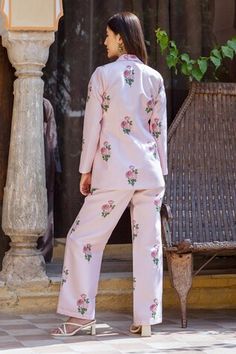 Pink floral print striped lapel collar blazer. Paired with a printed crop top and pant. - Aza Fashions Floral Print Cotton Sets For Workwear, Spring Loungewear Set With Straight Pants, Spring Cotton Pantsuit, Striped Blazer, Pants Pattern, Aza Fashion, Pink Floral, Pants Set, India