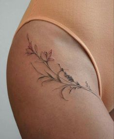 Inner Thigh Hip Tattoo, Large Lavender Tattoo, Underbreast Tattoo Fine Line, Flower Tattoos Sternum, Women’s Tattoo Ideas Hip, Leafy Hip Tattoo, Thigh Crease Tattoo, Flank Tattoos For Women, Plant Tatoos Idea