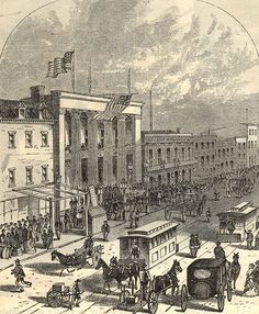 an old drawing of the white house with people and carriages in front, on a city street