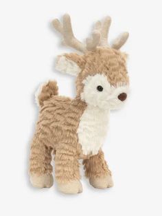 a small stuffed deer is shown on a white background