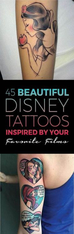 four different disney tattoos that are on the back of a woman's thigh and arm