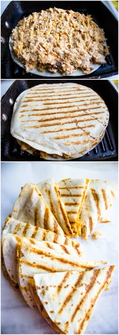 the process of making quesadillas is shown in three different stages, including baking