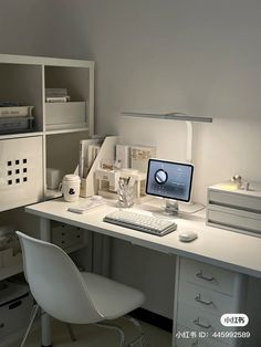 a white desk with a computer on top of it