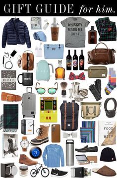 a collage of men's clothing and accessories with the words gift guide for him