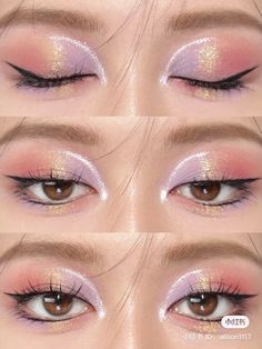 glitter eyeshadow look: soft pink and lavender Bridesmaid Makeup Purple, Pink Make Up Look, Makeup Ideas For School, Glitter Eyeshadow Looks, Elf Hair, Bentuk Alis, Festival Make Up, Doll Eye Makeup