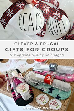 two christmas ornaments with the words clever and frugal gifts for groups