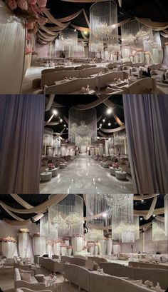 the inside of a wedding venue with chandeliers and tables