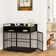 a dog sitting in front of a black metal cage with a clock on it's side