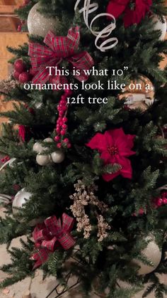 a christmas tree decorated with red and white bows, ornaments and ribbons is featured in this post