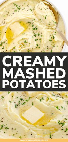 creamy mashed potatoes in a bowl with butter and parsley