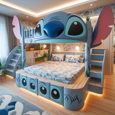 a bedroom with a bed and stairs in the middle is decorated like a cartoon character