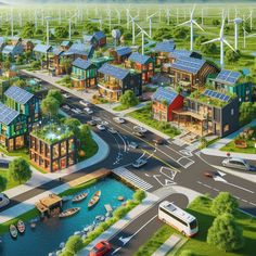 an artist's rendering of a city with wind turbines