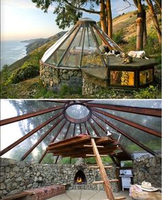 the inside and outside of a yurt next to an outdoor fire pit with benches