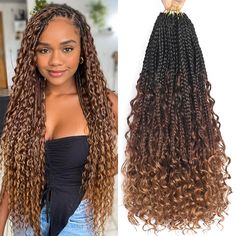 PRICES MAY VARY. 【Boho Braids Crochet Hair Specifications】：24 inch goddess box braids crochet hair, 95g(±5g)/pack, 15 strands/pack, 8 packs/Lot. Usually 6-8 packs can full a head. Comes with a crochet hook and some beads. 【Goddess Box Braids Crochet Hair Material】：Boho braids crochet hair are 100% handmade crochet braids, crochet braids with curly ends are made of quality low-temperature fire-retardant synthetic fiber. 【Crochet Braids Feature】: Box braids crochet hair with curly ends is very sof Crochet Hair With Straight Hair, Crotchet Braids Crochet Xtrend Hair, Crochet Hair Pattern Free, Human Hair Curly Crochet Braids, Bohemian Weave Sew In Hair, Crotchet Braids Styles Hairstyles, Ombre Goddess Box Braids, Boho Braids Crochet, Crochet Boho Braids