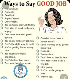 a poster with the words, ways to say good job and an image of a woman