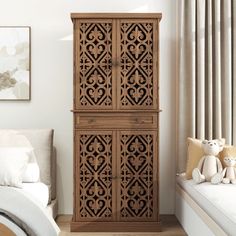 a wooden cabinet sitting next to a window in a bedroom